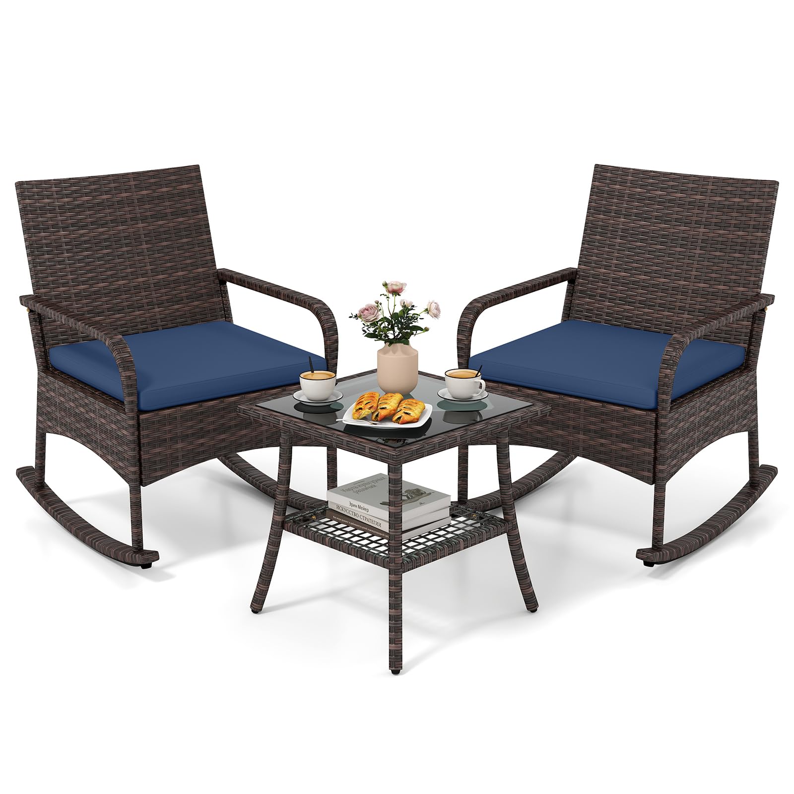 Tangkula 3-Piece Outdoor Wicker Rocking Bistro Set with 2-Tier Coffee Table